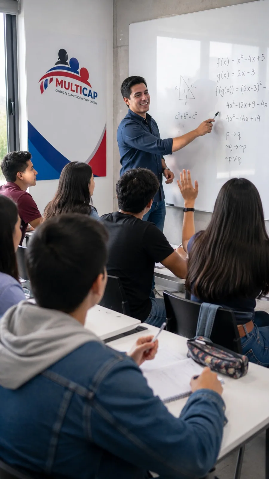 Docente explicando matemáticas en la pizarra a un grupo de estudiantes