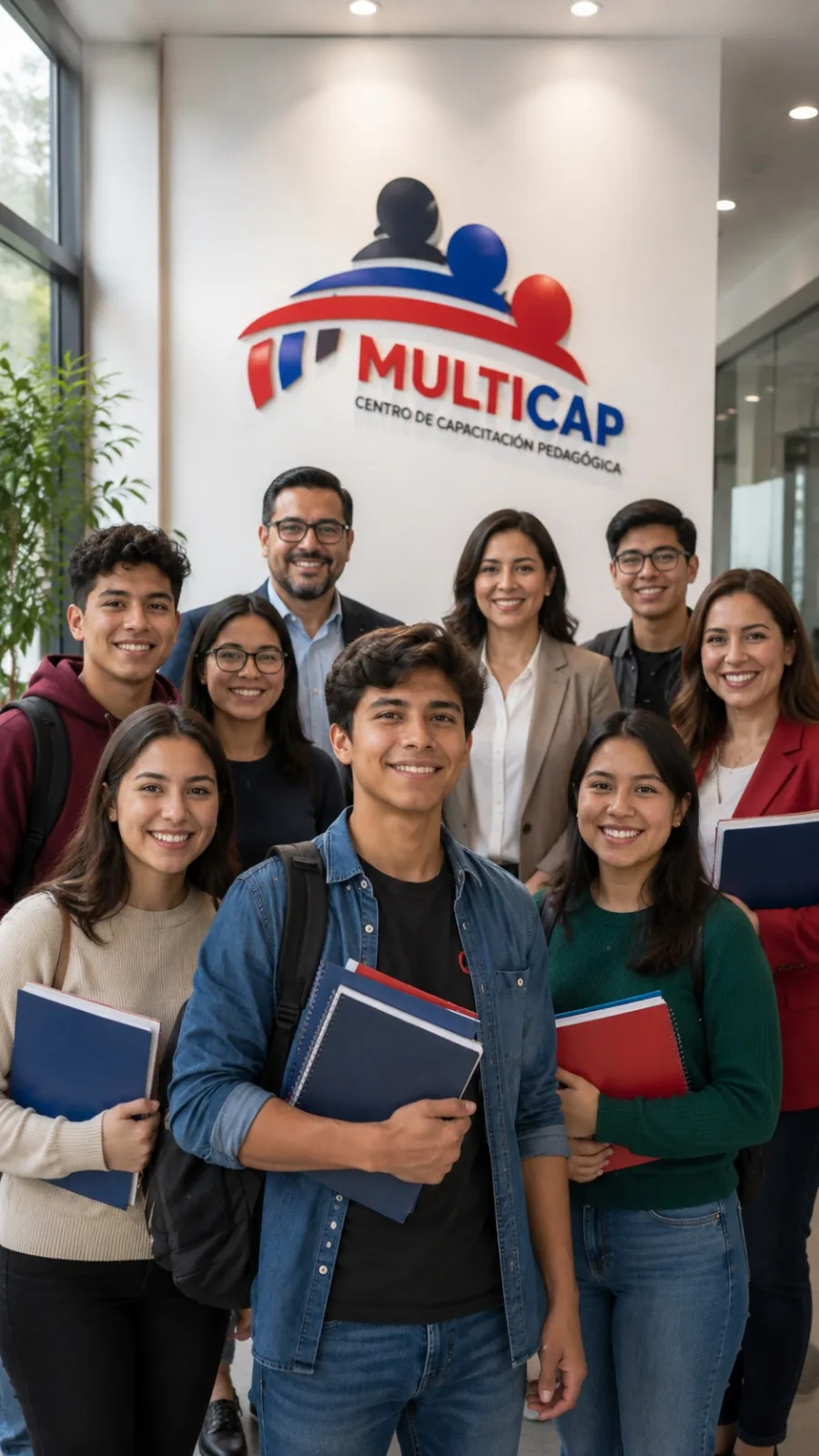 Equipo y estudiantes de MULTICAP en la entrada del centro